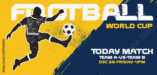 Football World Cup promotional banner, player silhouette mid-kick, dynamic abstract background of yellow and dark blue, text announcing match details and event.