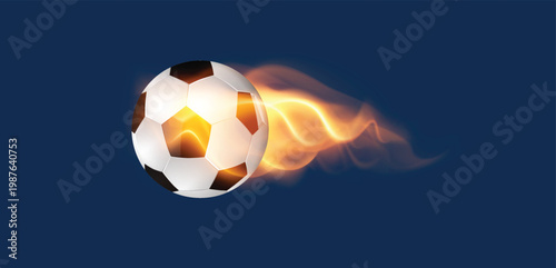 Energetic soccer ball with vibrant flames trailing behind, symbolizing speed and power in a dynamic sporting illustration with a dark blue background, perfect for sports marketing and event promotions