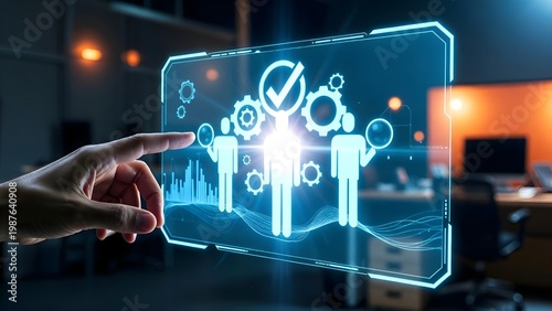 Business man touching virtual screen for human resource management, quality people selection, and digital recruitment process with glowing data.
