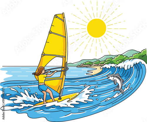 A colorful cartoon illustration of a windsurfer on a board.