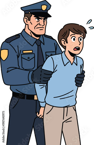 A stern police officer apprehending a surprised young man.