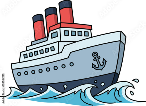 Cartoon Illustration of a Large Passenger Cruise Ship Sailing on Waves.