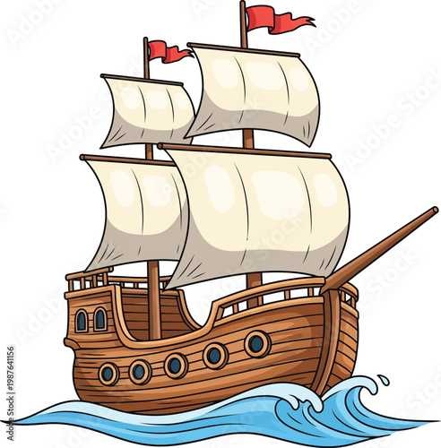 Cartoon Illustration of a Vintage Wooden Sailing Ship on Ocean Waves.