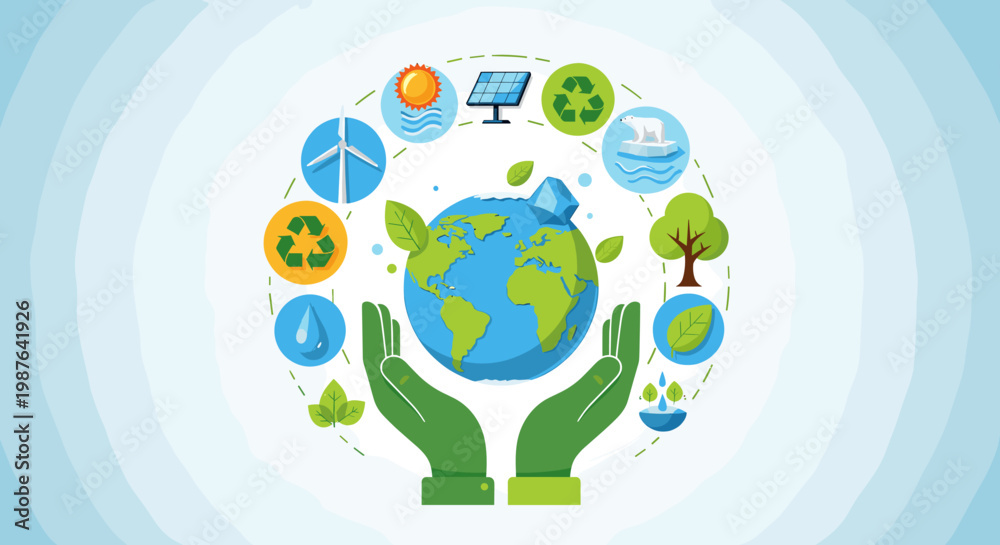 Εκτύπωση καμβά Hands cradling the Earth surrounded by icons representing renewable energy, nature, and environmental conservation