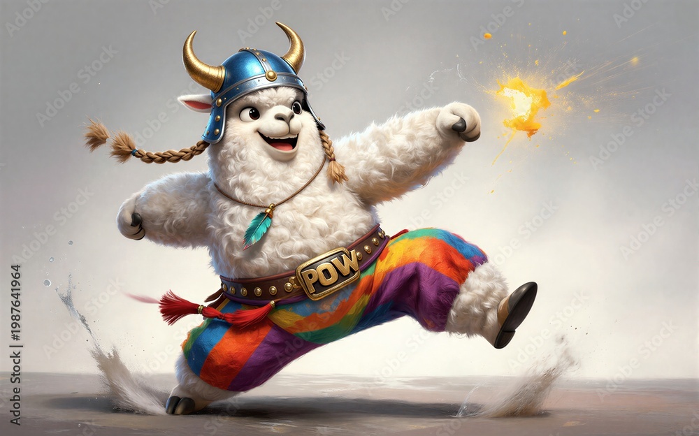 Fototapeta premium A joyful alpaca warrior in rainbow pants and a Viking helmet striking