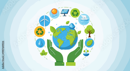 Hands cradling the Earth surrounded by icons representing renewable energy, nature, and environmental conservation.