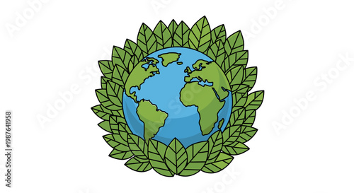 A vibrant illustration of planet Earth cradled by a lush ring of green leaves, symbolizing environmental protection and ecological balance.