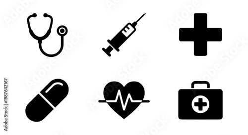 Medical healthcare icons set stethoscope syringe first aid kit pill heart beat vector illustration