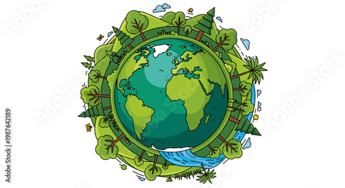 A vibrant illustration of planet Earth, depicted as a lush green sphere teeming with diverse trees, foliage, and a cascading waterfall, symbolizing environmental health and natural beauty.