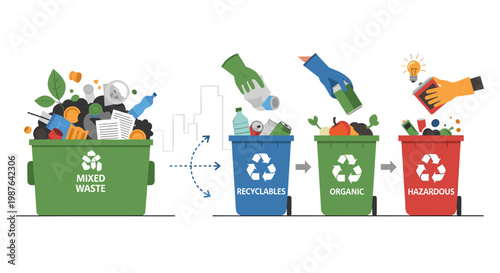 Illustration demonstrating the process of waste sorting and recycling into separate bins for recyclables, organic, and hazardous materials.