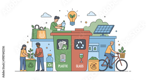 People engaging in sustainable practices like recycling, planting, and using renewable energy, promoting environmental protection and a green lifestyle.