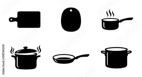 Kitchen utensils cooking pots cutting boards vector illustration set for culinary design needs