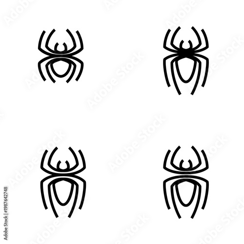Set of Four Abstract Stylized Spider Logos and Icons in Black and White Geometric Line Art Design