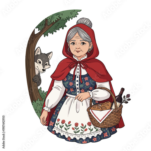 An elderly grandmother wearing a red hooded cloak standing with a basket of food and a sneaky wolf nearby.