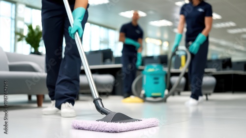 Cleaning team sanitizing modern corporate office space, ensuring pristine work environment