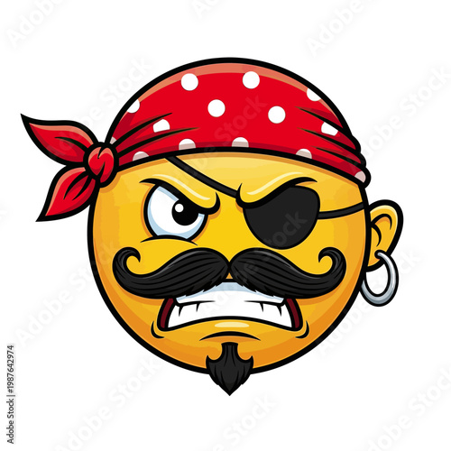 Angry pirate emoticon with red bandana and mustache.
