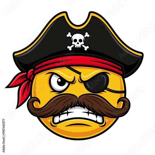 Angry pirate emoji with mustache and eyepatch mascot design.