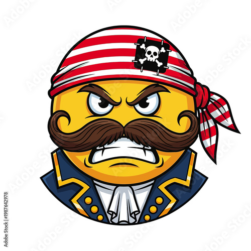 Angry pirate emoji with a thick mustache and striped bandana.