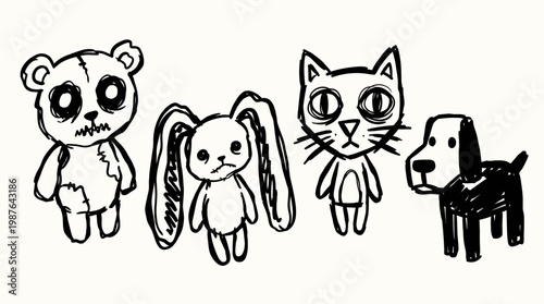Cartoon animal characters set hand drawn doodle style