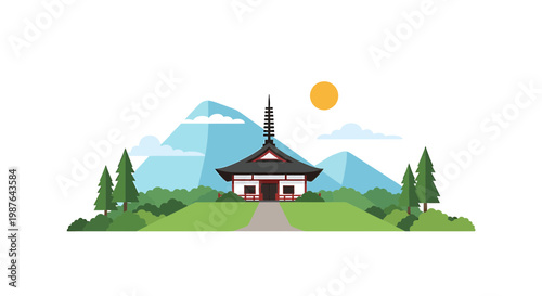 Minimalist vector illustration of a Japanese temple and Mount Fuji