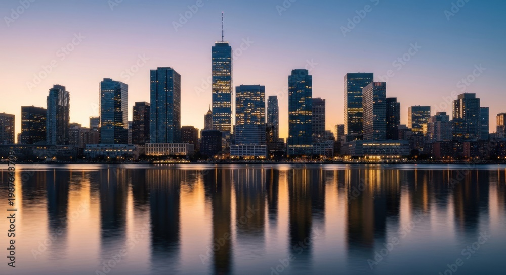Fototapeta premium City skyline reflecting in calm water at dawn or dusk, colorful sky