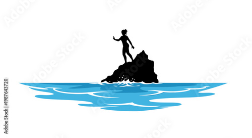 Woman Silhouette Standing on Rock in Blue Sea Vector Illustration