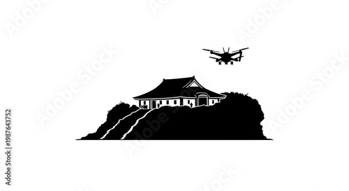 Drone Flying Over Traditional Temple Vector Illustration