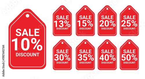 Sale Discount Price Tags Collection. 10% to 50% Off Red Labels Set