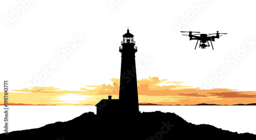 Drone flying near lighthouse silhouette at sunset vector illustration