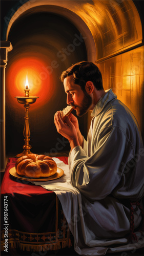 Candlelit Christian Communion Illustration of Man Receiving Bread in Prayer Beside Loaf on Altar Table in Warm Sacred Interior
