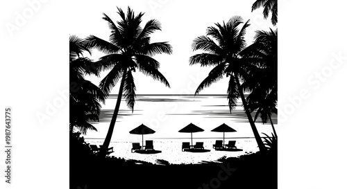 Tropical beach resort silhouette with palm trees and umbrellas