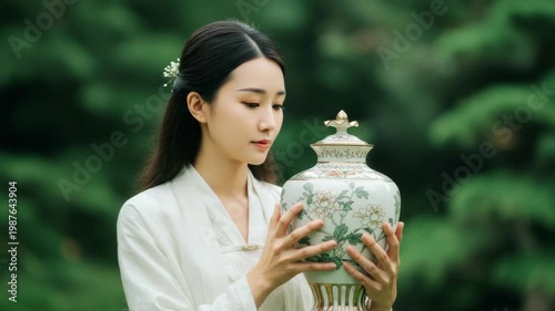 Young Asian woman gently holds an ornate ceramic vase, carefully observing its intricate details against a lush green outdoor backdrop.