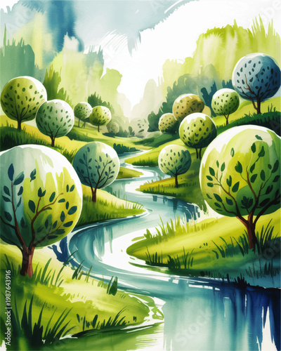 Dreamy watercolor landscape with winding river, lush green hills and whimsical trees in a serene spring nature valley