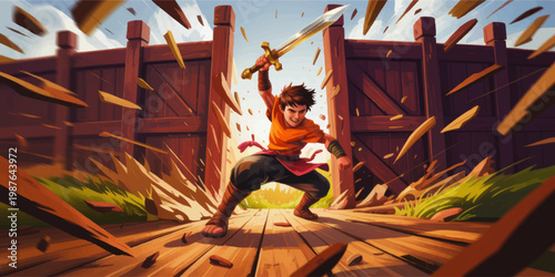 Young fantasy warrior smashing through wooden gate with sword, dynamic action adventure illustration in medieval battle scene