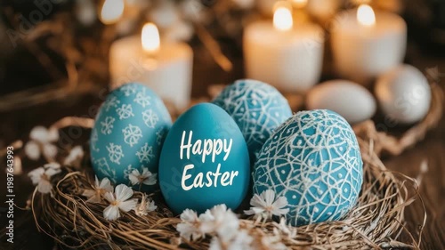 Decorated blue Easter eggs with 