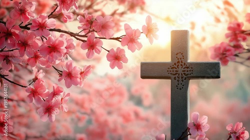 Stone cross stands amidst delicate pink spring blossoms, illuminated by soft sunlight. Image conveys themes of faith, hope, spiritual renewal, ideal for various video content.