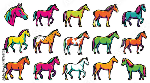 A vibrant collection of stylized horses in various colors and poses, showcasing a playful and artistic representation of equine beauty.