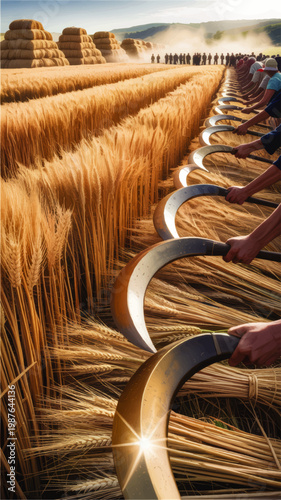 Traditional wheat harvest with workers using sickles in golden grain field, rural agriculture scene with haystacks and teamwork