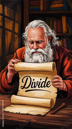 Wise Elder Scholar Reading Ancient Scroll with Divine Message in Library Study, Vintage Illustration of Spiritual Guidance