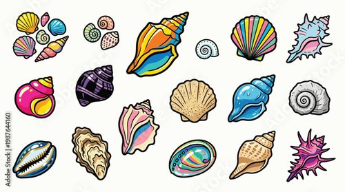 A vibrant collection of diverse seashells, showcasing a variety of shapes, colors, and textures, perfect for marine life and beach-themed designs.