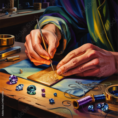 Artisan jeweler engraving ornate gold plate by hand at wooden workbench with gemstones, tools, thread and luxury craft details