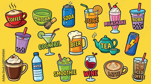 A vibrant collection of various popular beverages and drinks, including coffee, tea, soda, juice, and cocktails, illustrated on a bright yellow background.