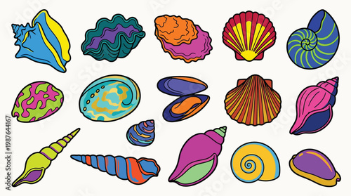 A vibrant collection of diverse seashells, showcasing a variety of shapes, colors, and patterns, perfect for educational or decorative purposes.