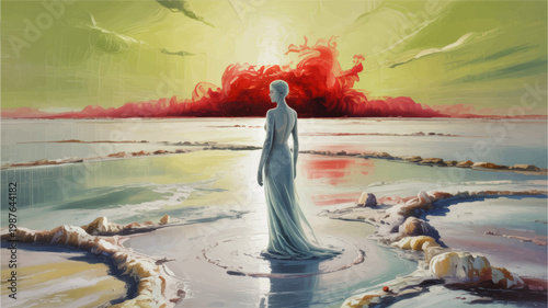 Surreal futuristic figure standing in reflective salt flats with red cloud eruption, dreamlike landscape painting at sunset