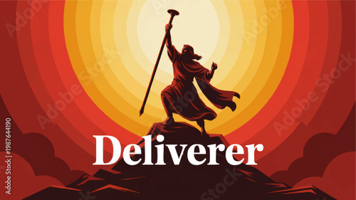 Deliverer Biblical Hero Raising Staff on Mountain at Sunrise, Dramatic Retro Poster Illustration of Faith, Freedom and Salvation