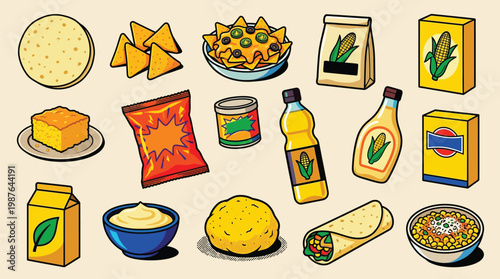 A vibrant collection of Mexican food ingredients and prepared dishes, including tortillas, chips, nachos, corn products, and sauces.