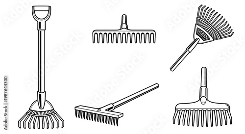 A set of various brooms and rakes in a simple line art style