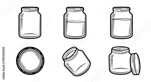 A set of six minimalist jar illustrations in various orientations and states