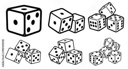 A set of black and white vector dice illustrations in various positions and arrangements