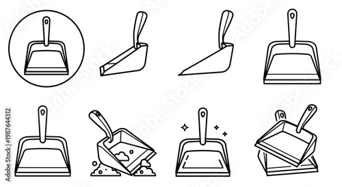 A set of eight minimalist dustpan illustrations in various positions and actions